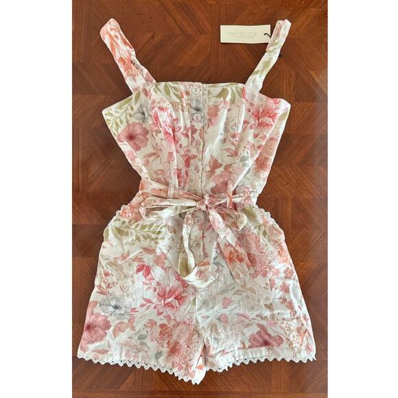Rachel Zoe Floral Belted Romper Smocked Bodice Lace Trim NWT Size 2 - Picture 8 of 10